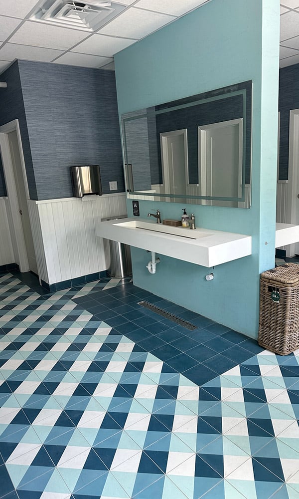 tile commercial restroom teal and navy